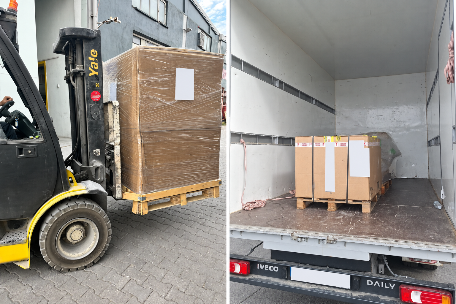 Forkliftle taşınan ambalajlı palet ve kapalı kasa araç içindeki paletli yük